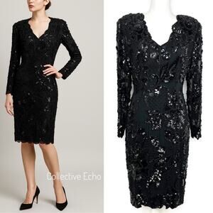 Vintage Black Tie Silk Beaded Sequin Sheath Dress – Formal Evening Gown Sz 8